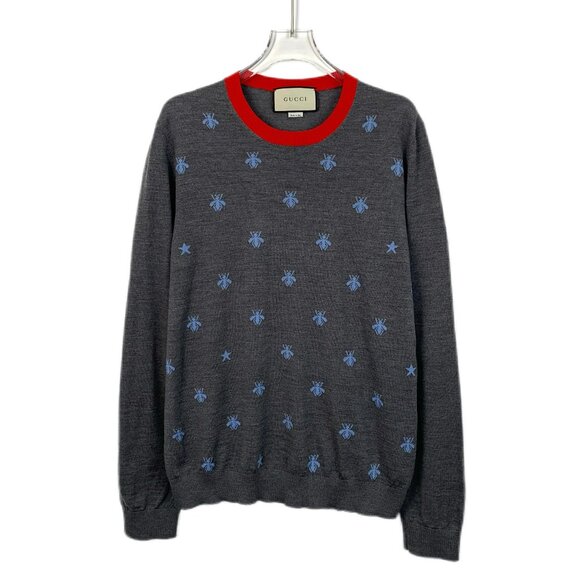 J13691 Gucci Dark Grey Bee Embroidery Wool Crewneck Long Sleeve Sweater Size L